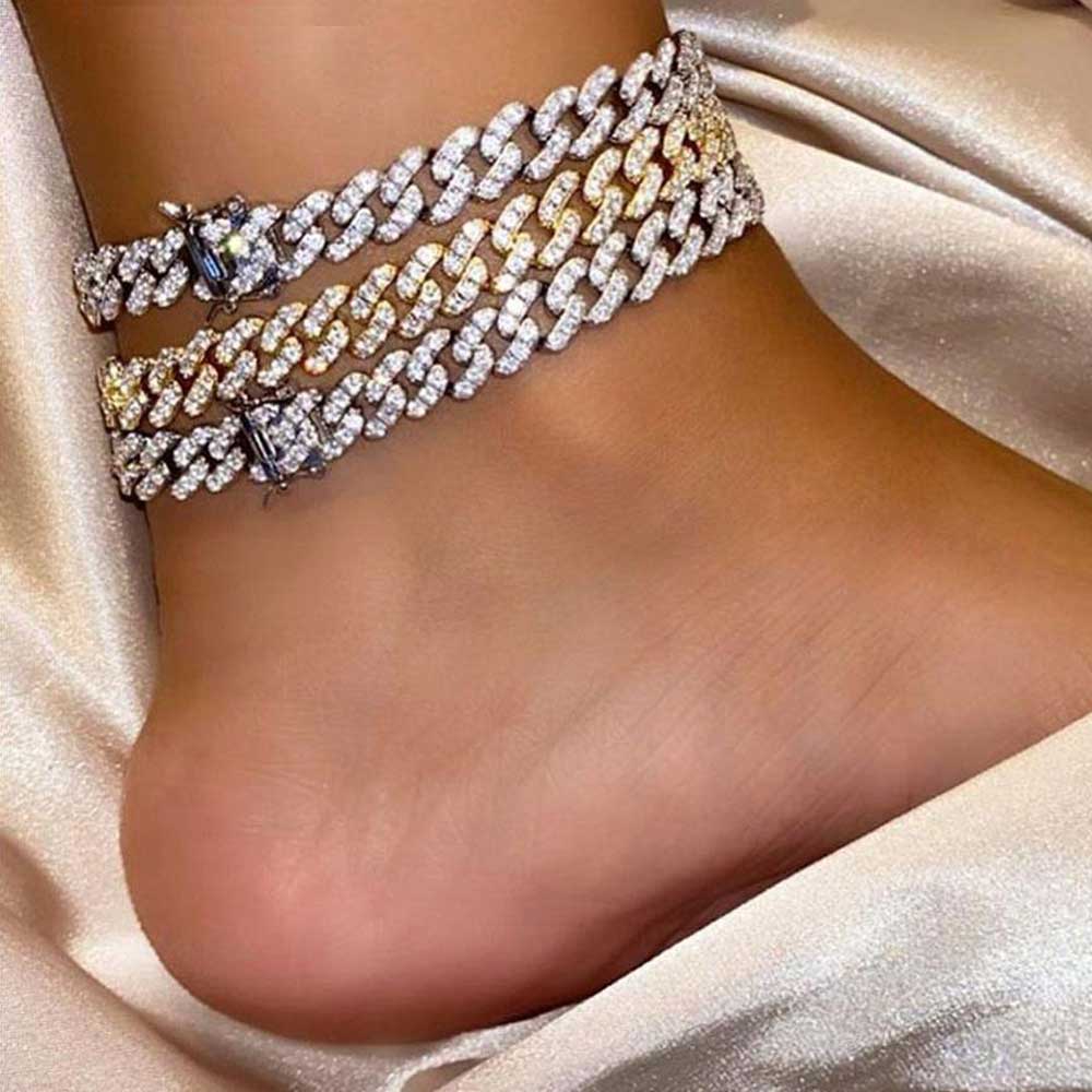 SKHEK Punk Fashion Gold Silver Color Bling Rhinestone Anklet For Women Iced Out Cuban Crystal Anklets Barefoot Sandals Foot Jewelry