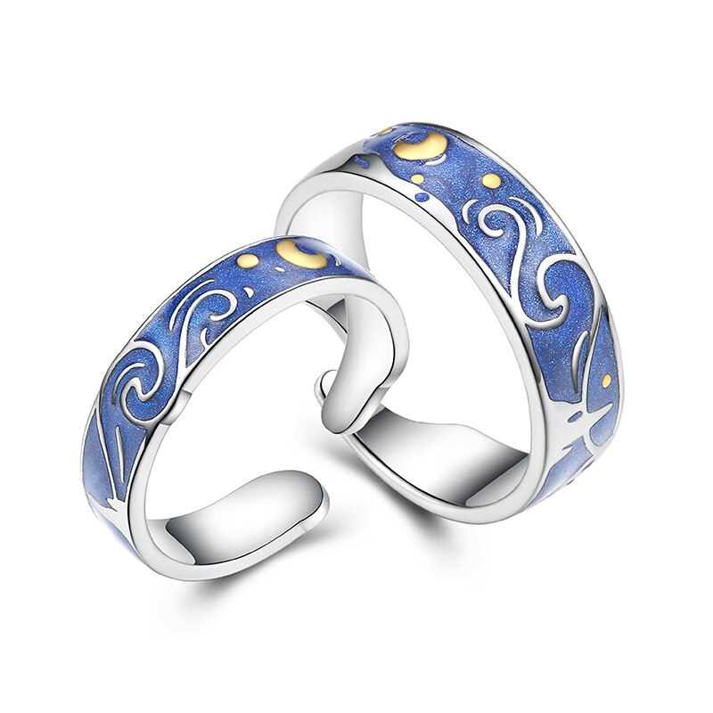 New Van Gogh Starry Sky Plated Open Lover Adjustable Rings Blue Starry Sky Rings For Women Men Fashion Jewelry Wedding Gift