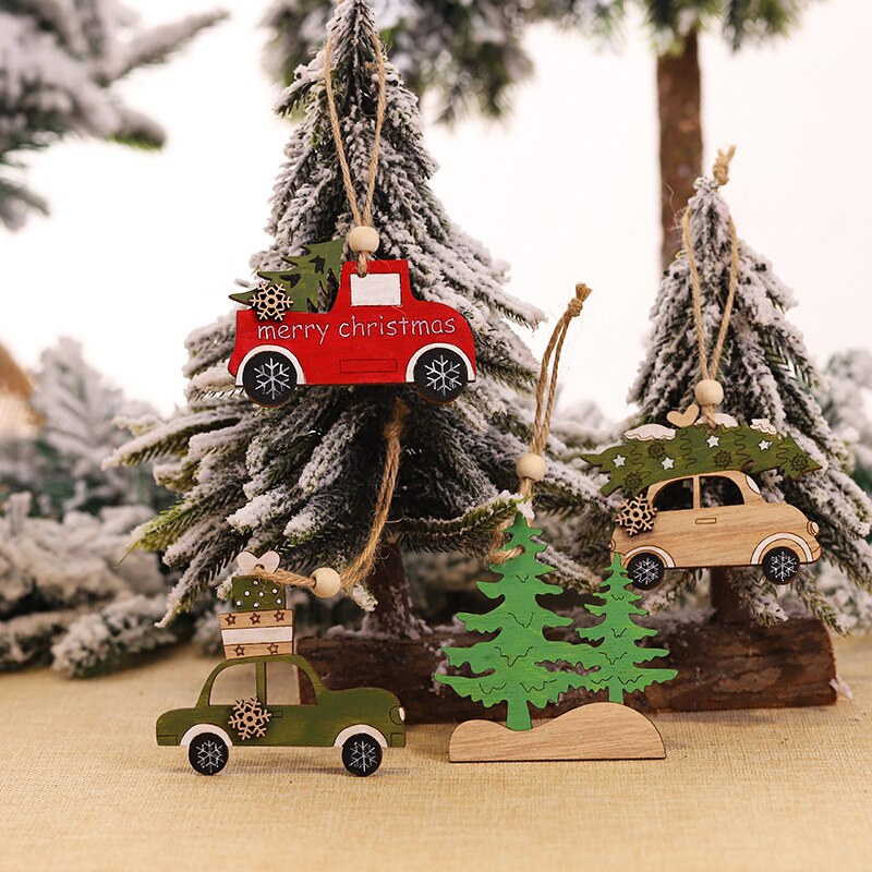 Merry Christmas Wooden Car Ornaments Hangings Christmas Decorations Animal Dog Tree Elk Cartoon Car Ornaments 2022 Xmas Gift