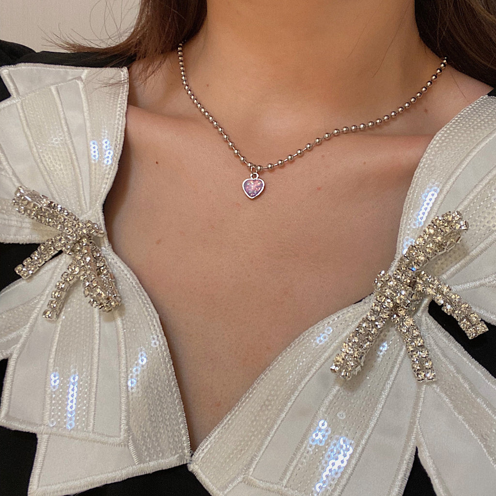 SKHEK Kpop New Fairy Aesthetic Purple Love Heart Pendant Bead Chain Necklace For Women Egirl Friends Retro Goth Halloween Jewelry Gift