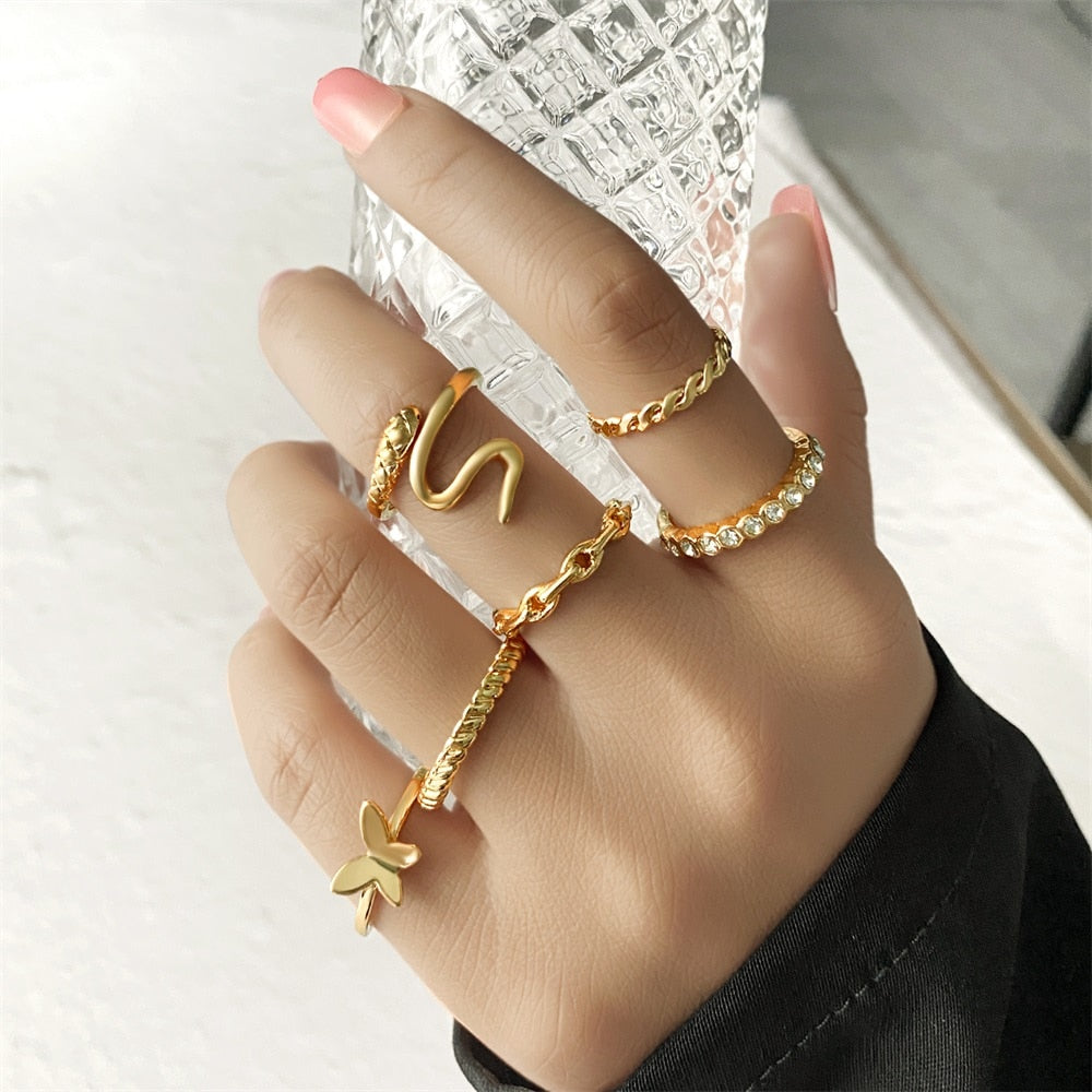 Skhek Bohemian Gold Chain Rings Set For Women Fashion Boho Coin Snake Moon Rings Party 2022 Trend Jewelry Gift