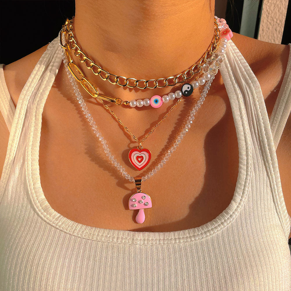 Skhek Pink Gummy Bear Pearl Beaded Choker Necklace For Women Multilayer Asymmetrical Flower Beads Metal Chain Necklace Fashion Jewelry