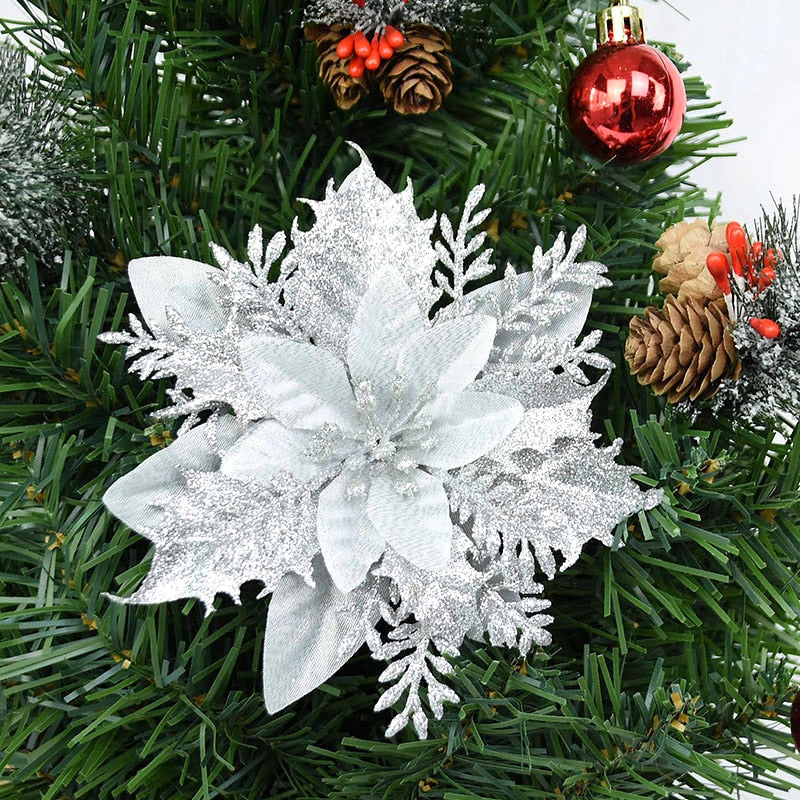 5pcs Glitter Artificial Christmas Flowers Xmas Tree Decorations Ornaments Merry Christmas Decorations for Home New Year Gift