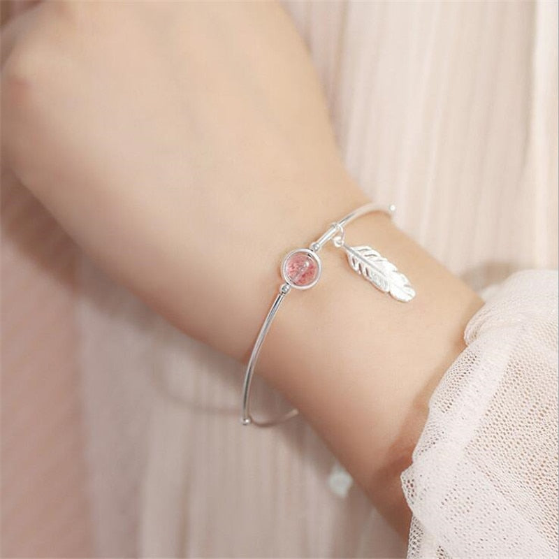 Christmas Gift New Creative Pink Crystal Feather 925 Sterling Silver Jewelry Temperament Leaf Natural Strawberry Bracelets SB187