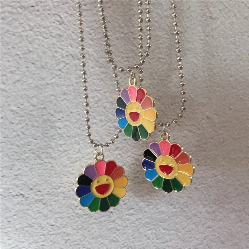 SKHEK Kpop E-Girl Harajuku Stainless Steel Necklace Sun Flower Sunflower Colorful Petals Smiley Can Be Rotated Pendant Necklace
