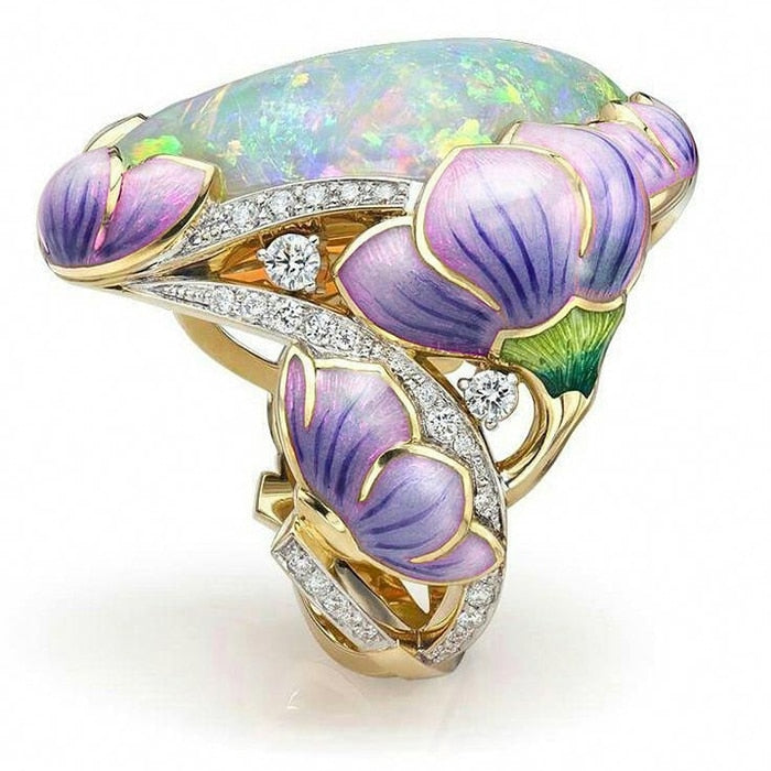 Skhek Opal Inlay Hollow Epoxy Lotus CZ Stone Ring for Women Party Wedding Anniversary Gift for Wife Girlfriend Love Token