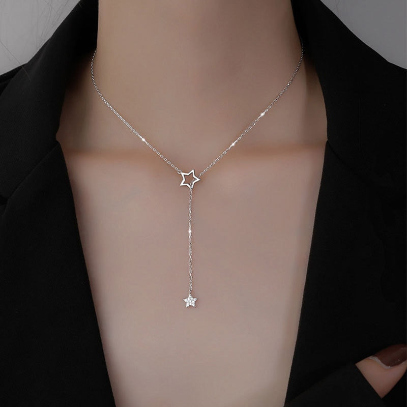 Sterling Alloy Diamond Star Pendant Necklaces Tassel Clavicle Chain Women Fine Jewelry Accessories for Wedding
