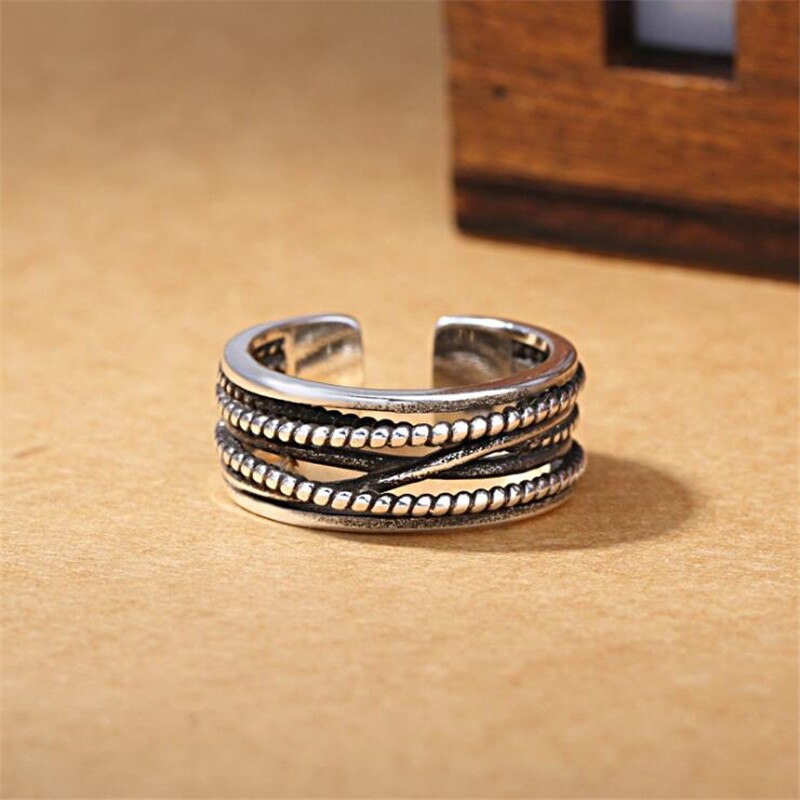 Christmas Gift New Arrival Winding Twisted Thai Silver Multi-layer Retro 925 Sterling Silver Jewelry Irregular Geometric Opening Rings R038