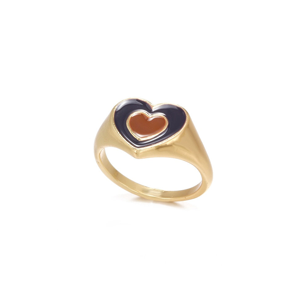 2022 New Korean Trendy Vintage Double Layer Dripping Oil Enamel Color Contrast Heart Metal Rings for Women Couple Jewelry HZ