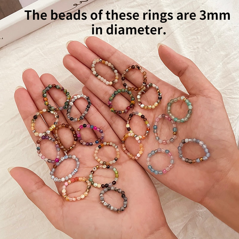 Bohemian Handmade Natural Stone Rings Women with Stainless Steel Bead Multi Color Stretch Rope Wedding Promise Ring Adjustable