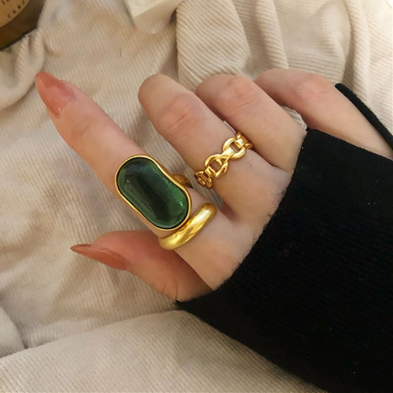 Skhek Wedding Rings for Women New Fashion Creative Design Green Stone France Vintage Party Bride Jewelry