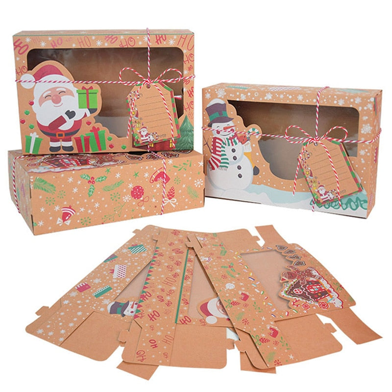 9Pcs Christmas Cookie Box Kraft Paper Candy Gift Boxes Bags Food Packaging Box Christmas Party Kids Gift New Year Navidad 2020