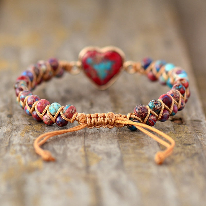 Skhek Natural Stone Heart Charm Bracelets String Braided Macrame Bracelets Jaspers Friendship Wrap Bracelet Femme Women Jewelry