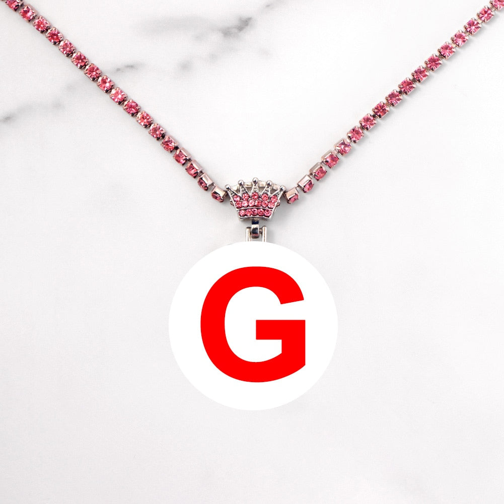SKHEK Bling Rhinestone Alphabet A-Z Initial Name Pendant Necklace For Women Men Pink Crown Letter Crystal Chain Necklace Trend Jewelry