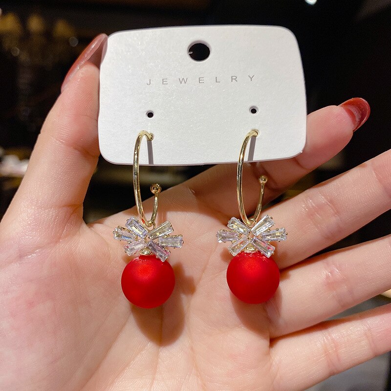 Christmas Gift Fashion Lucky Red Crystal Cross Pearl Drop Earrings For Women Long Tassel Pearl Earring Girls Party Christmas Jewelry Gifts