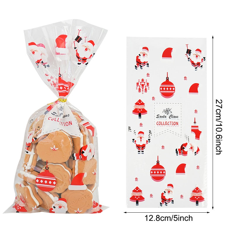 50pcs Santa Claus Christmas Tree Elk PVC Bags Transparent Clear Gift Bag for Christmas Gift Baking Candy Cookie Packaging Bags