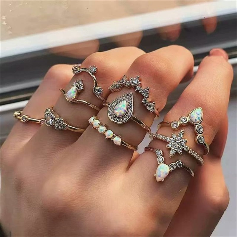 Skhek 2022 New Women's Moon Star Love Hollow Full Micro Pave Zircon Ring Set Girl Jewelry Bohemia Jewelry Accessories