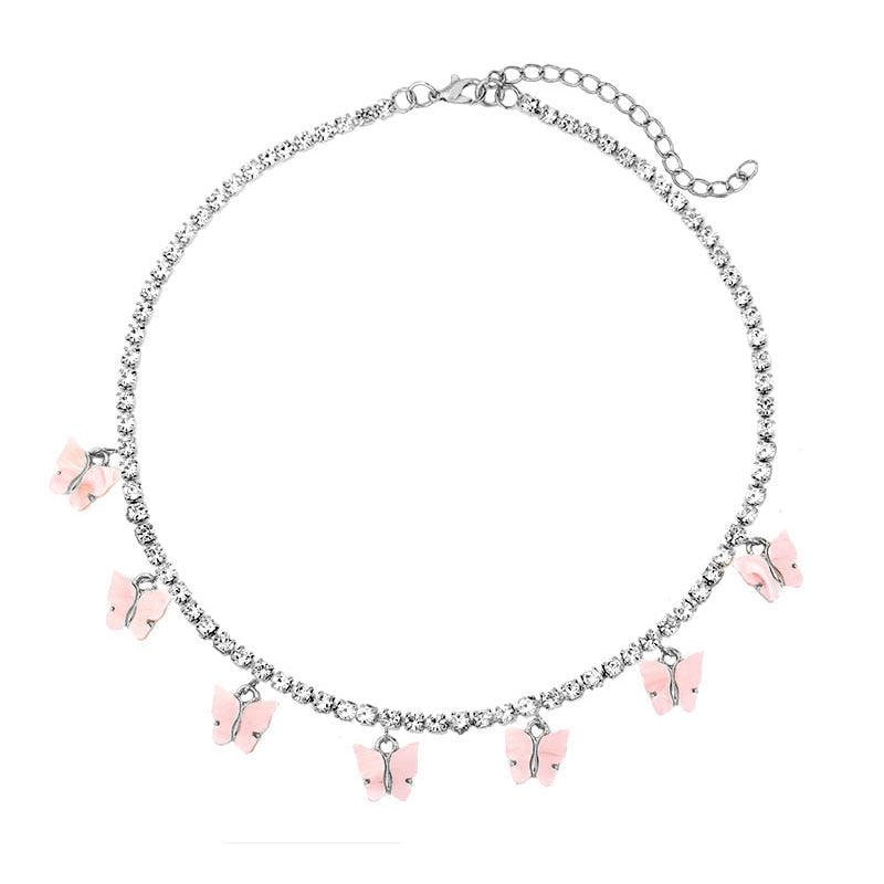 SKHEK New Fashion 7 Butterfly Pendant Necklace For Women Silver Color Rhinestone Gummy Bear Tennis Chain Choker Necklace Jewelry Gift