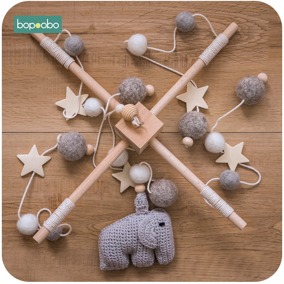 Skhek Bopoobo 1set Silicone Beads Baby Mobile Beech Wood Bird Rattles Wool Balls Kid Room Bed Hanging Decor Nursing Children Products