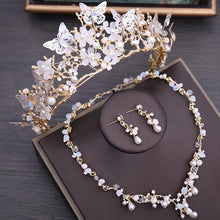 Load image into Gallery viewer, Luxury Crystal Beads Pearl Butterfly Costume Jewelry Sets Floral Rhinestone Choker Necklace Earrings Tiara Wedding Jewelry Set