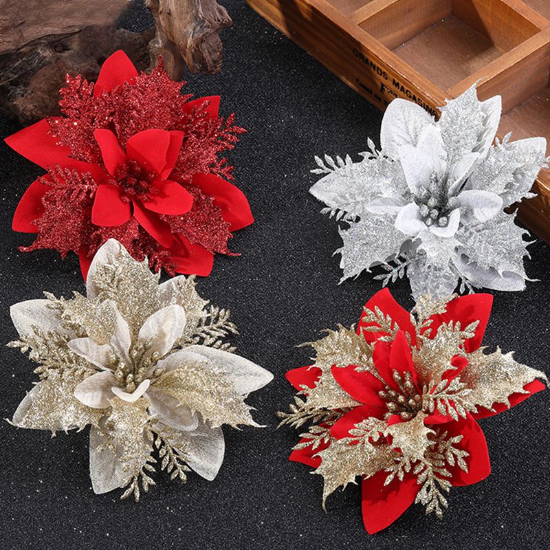 5pcs Artificial Christmas Flowers Glitter Fake Flowers Merry Christmas Tree Decoration Home DIY Xmas Gifts Ornament Navidad 2021