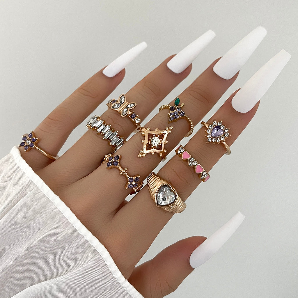 Skhek  Cute Pink Butterfly Ring Set for Women Gothic Angel Letter "GIRL" Crystal Aesthetic Heart Anillos Couple Jewelry Gifts