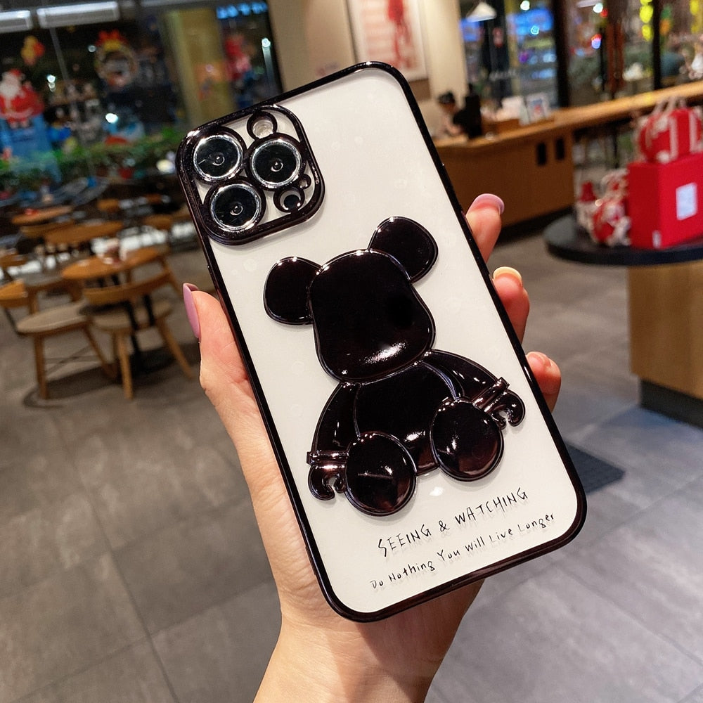 Skhek Back to School Cute Bear Plating Phone Case For Iphone 13 12 11 Pro Max X Xs Xr 8 7 Plus SE Transparent Silicone Lens Protection Cover