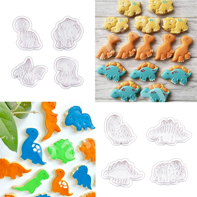 4PCS/SET DIY Dinosaur Cookie Mold Food Grade Plastic Animal Biscuit Cutter Jungle Party Baking Tools Birthday Cupcake Supplies