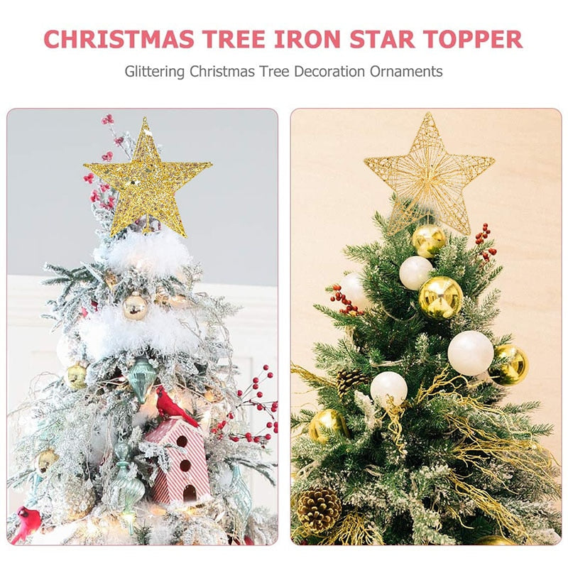 Gold Glitter Christmas Tree Top Iron Star Christmas Decorations For Home Xmas Tree Ornaments Navidad New Year 2021 Natal Noel
