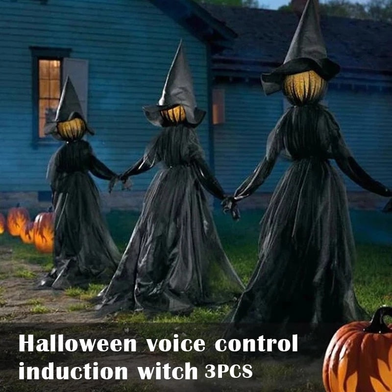 SKHEK Halloween Light-Up Witches With Stakes Halloween Decorations Outdoor Holding Hands Screaming Witches Sound Activated Sensor Decor Dropship