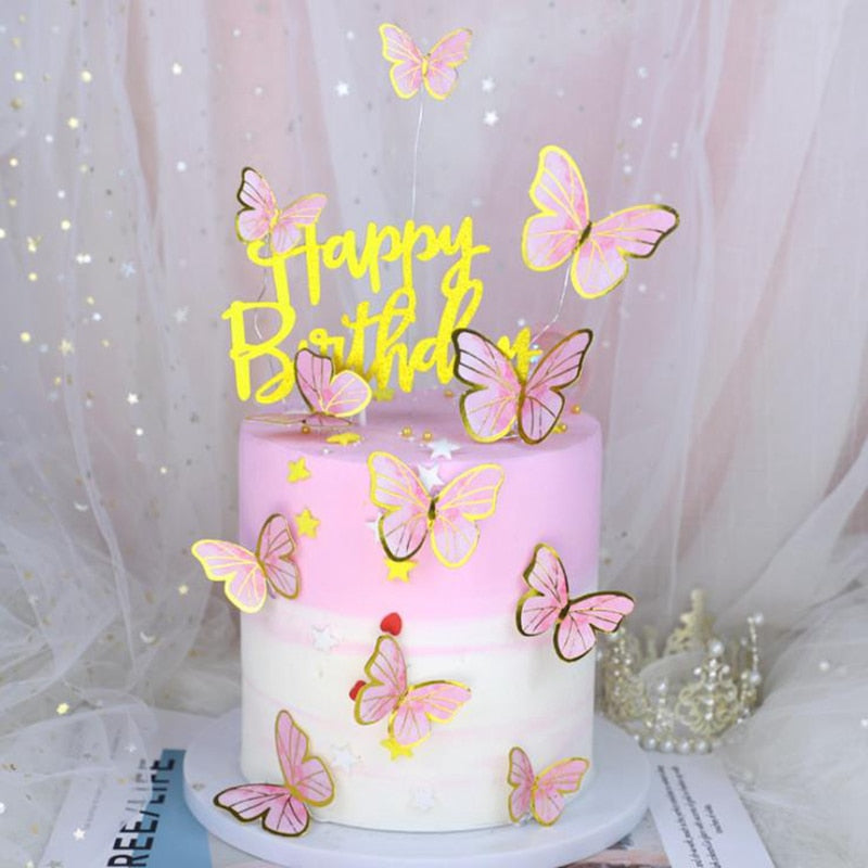 1Set Birthday Acrylic Cake Topper Artificial Paper Butterfly Decoration Baby Shower Wedding Party DIY Gift Baking Supplies