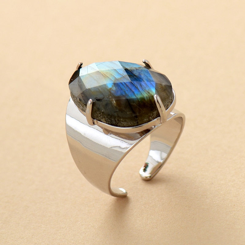 Skhek High End Big Natural Stone Rings Jewelry Labradorite Luxury Party Cocktail Ring Size 7