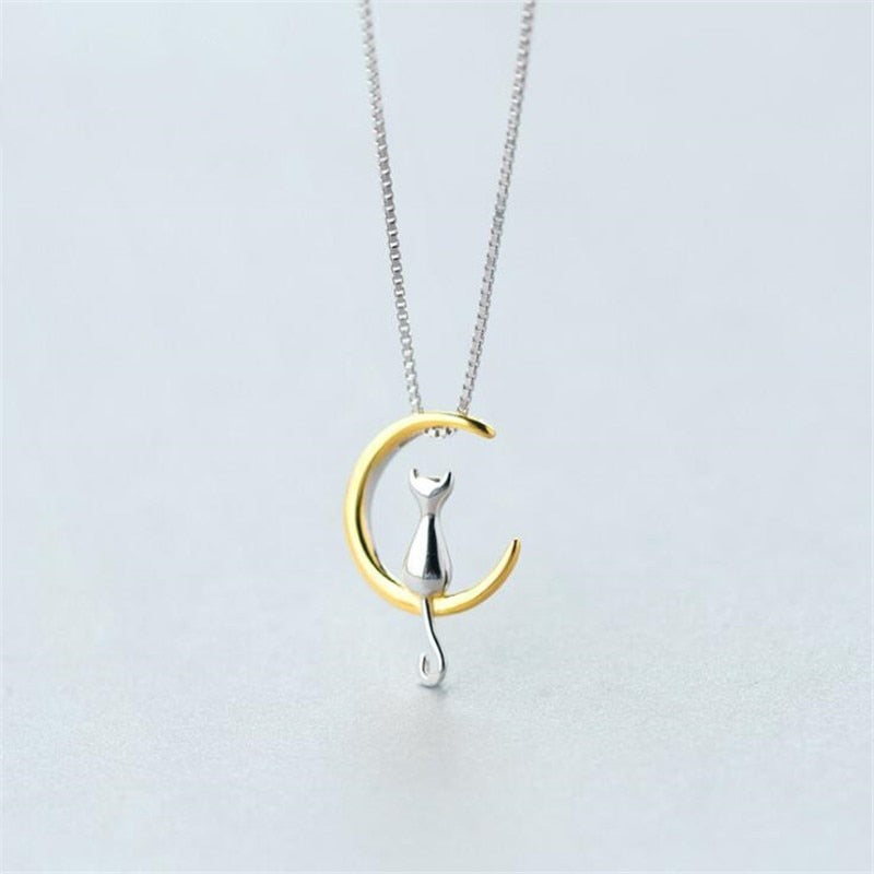 Skhek New Animal Jewelry Korean Fashion Cute Cat Crescent Moon High-quality Personality Pendant Necklaces  XL091