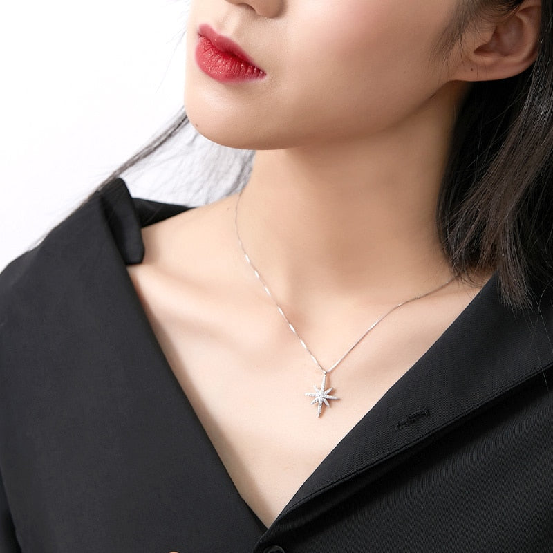 Sweet Fashion Wild Shooting Star Shines Single Eight-pointed Star Necklace 925 Sterling Silver Temperament Women Clavicle Chain