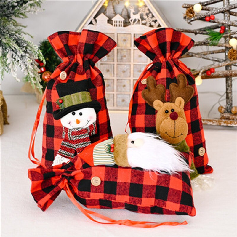 Christmas Gift Christmas Decoration Gift Candy Bag Red Plaid Santa Claus Snowman Wine Bottle Cover New Year Party Dining Table Decor Xmas Bag