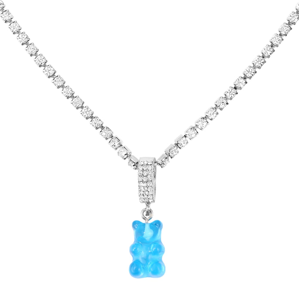 SKHEK New Colorful Cute Resin Bear Gummy Crystal Pendant Necklace For Women Bling Rhinestone Tennis Chain Necklace Trendy Jewelry Gift