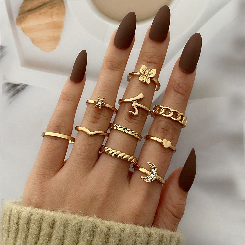 Skhek Bohemian Gold Chain Rings Set For Women Fashion Boho Coin Snake Moon Rings Party 2022 Trend Jewelry Gift
