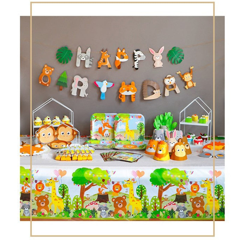 Woodland Animals Disposable Tableware Monkey Plates Lion Cups Jungle Safari Theme Parti Happy Birthday Party Decor Kids Boy 1st