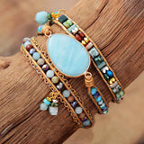 Skhek Back to School Multilayered Leather Wrap Bracelet W/ Natural Stone Amazonite Beaded Strands Bracelet Boho Beads Jewelry  Dropship