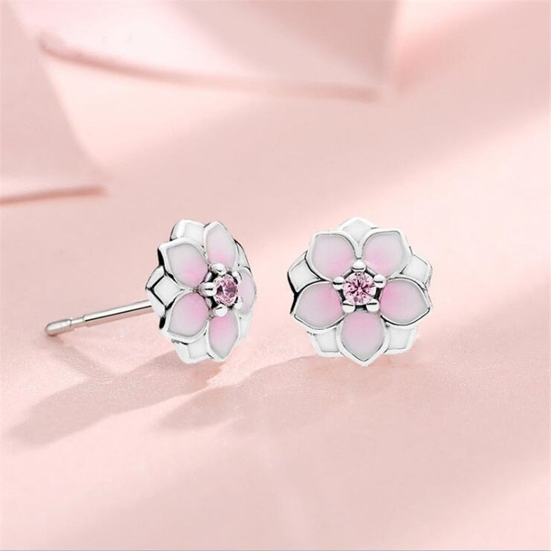 Christmas Gift New Beautiful Magnolia Flower 925 Sterling Silver Jewelry Fashion Lover Birthday Gift Pink Crystal Popular Stud Earrings E042