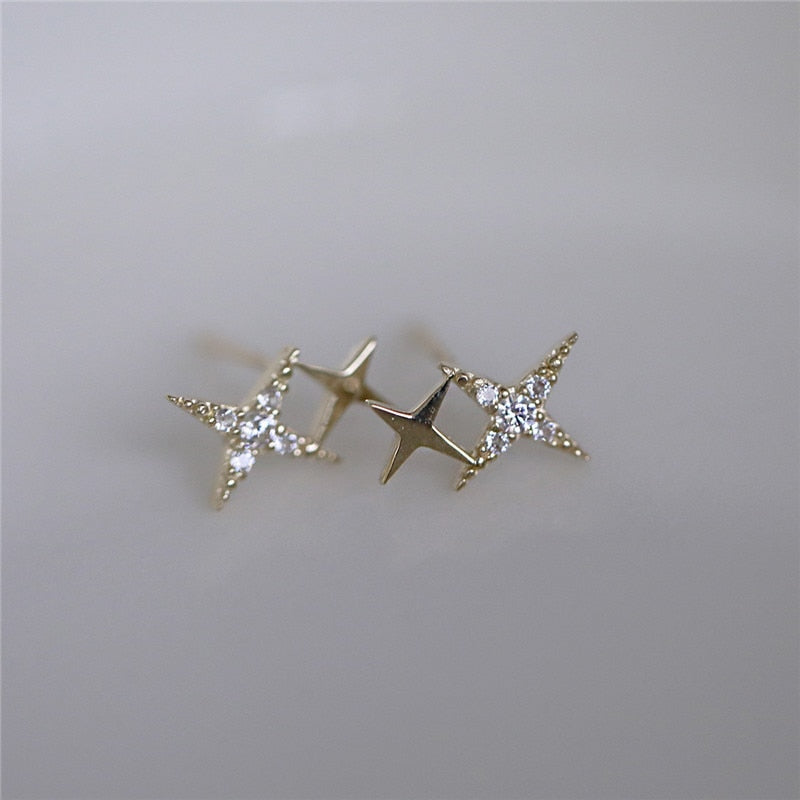 Christmas Gift 925 Sterling Silver Japanese Micro Inlaid Crystal Four-Pointed Star Plating 14k Gold Earrings Women Small Cute Banquet Jewelry