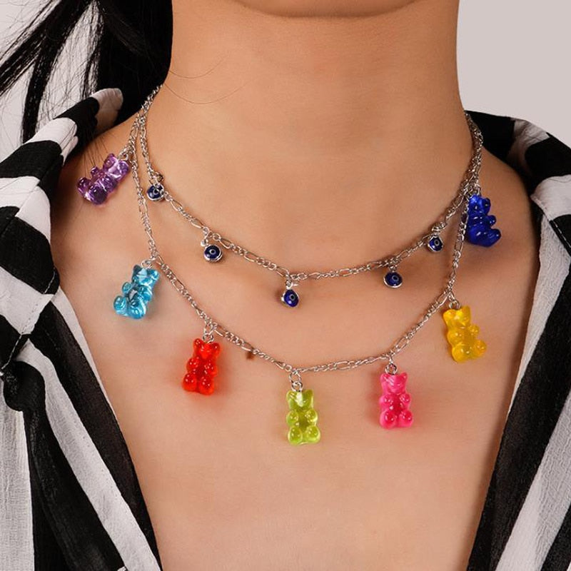 Cute Gummy Cartoon Bear Cross Necklaces For Women Christmas Gift Candy Color Pendant Necklace Female Daily Party Jewelry