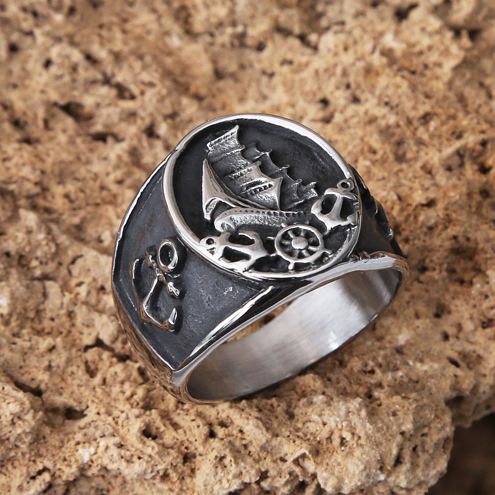 Skhek Vintage Viking Pirate Rings For Men Punk Hip Hop Stainless Steel Anchor Compass Ring Fashion Biker Ring Jewelry Gif