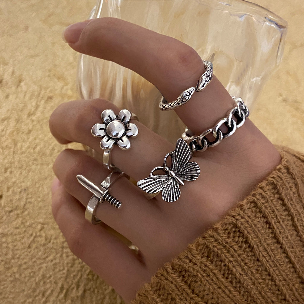 Skhek Punk Vintage Silver Color Heart Sword Ring Set for Women Gothic Dice Anillos Hip Hop Y2k Korean Fashion Male Gift Jewelry