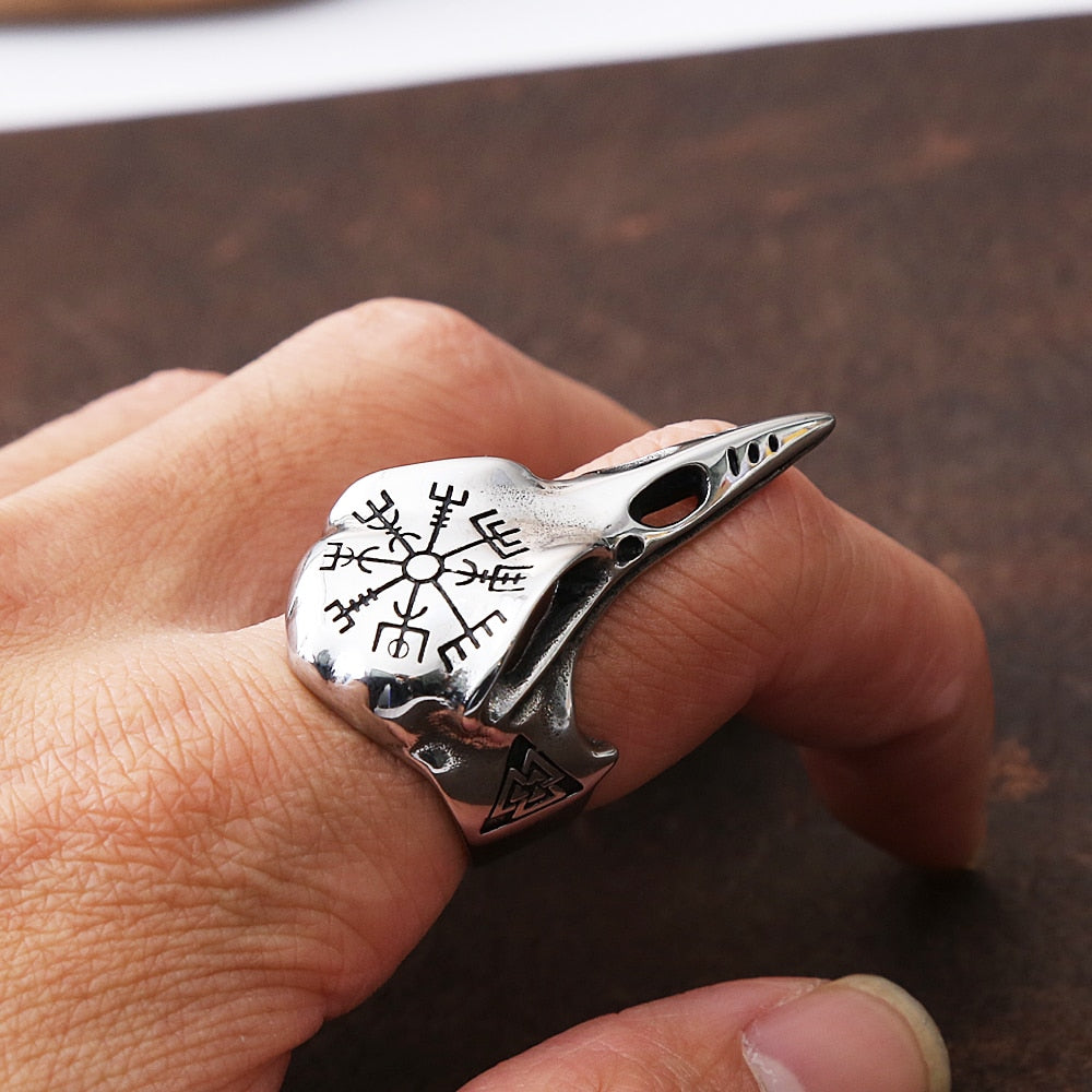 Skhek Vintage Odin Crow Skull Men's Ring Gothic Stainless Steel Compass Rings For Men Viking Accessories Valknut Ring Amulet Pattern