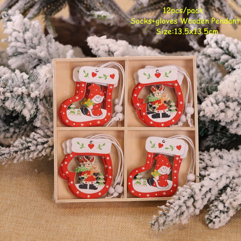 Christmas Gift 12pcs Xmas Christmas Tree Pendants Decorations Wooden craft 2022 New Year Christmas Decorations for Home DIY Kids Gifts
