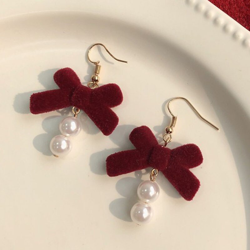 Christmas Gift Red Bow Knot Long Tassel Dangle Earrings For Women Heart Shaped Pearl Red Ball Drop Earring Christmas New Year Festival Jewelry