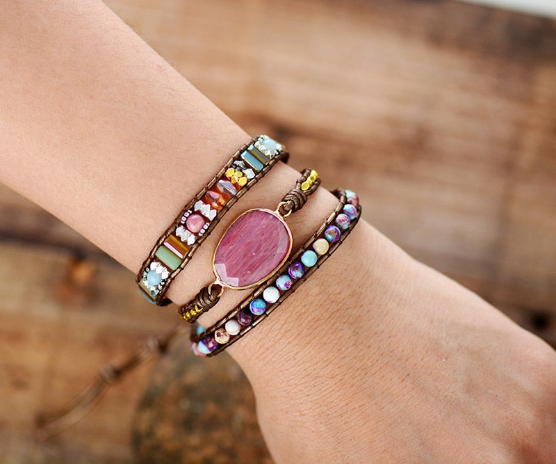 Skhek Leather Wrap Bracelet W/ Stones Multi Color Natural Beads Crystal Weaving Statement Art Bracelet Gifts