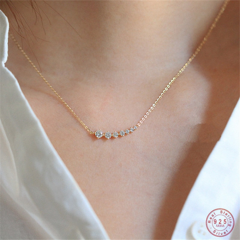 925 Sterling Silver Simple Pavé Crystal Sparkling Smile Clavicle Chain Necklace Women Light Luxury Wedding Jewelry Accessories