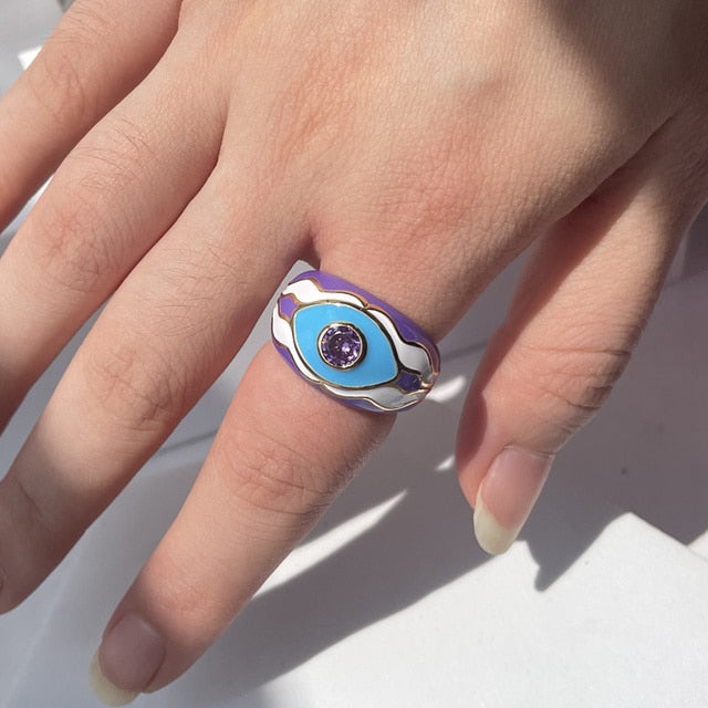 SKHEK New Pink White Enamel Dripping Oil Ring Evil Eyes Rhinestone Geometric Irregular For Women Girl Trendy Jewelry